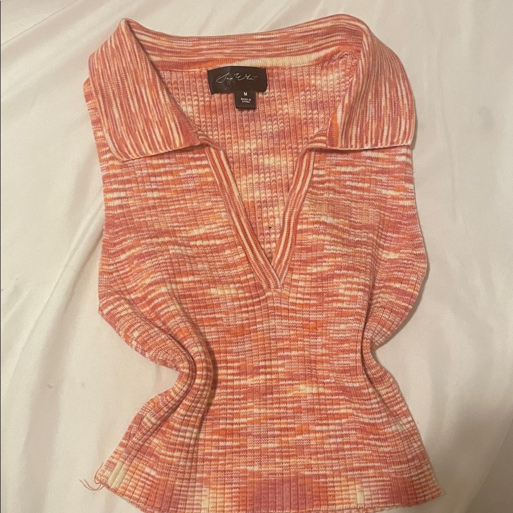 Collared Ribbed Knit Top in Pink and Orange